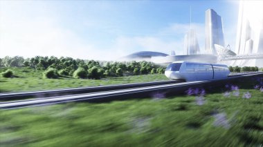 Fütürist bilim tek raylı tren. Gelecek kavramı. Gelecekçi şehir geçmişi. Çimen tarlası. 3d oluşturma.