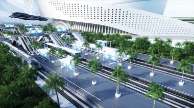 Bilim-Kurgu demiryolu gelecekteki istasyonu. Gelecek konsepti. Hava görüntüsü. 3d oluşturma