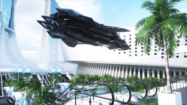 Bilim-Kurgu demiryolu gelecekteki istasyonu. Gelecek konsepti. Hava görüntüsü. 3d oluşturma