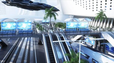 Bilim-Kurgu demiryolu gelecekteki istasyonu. Gelecek konsepti. Hava görüntüsü. 3d oluşturma