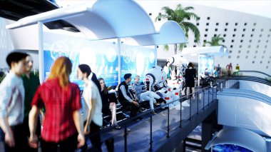 Bilim-Kurgu demiryolu gelecekteki istasyonu. Gelecek konsepti. Dinamit ağaçları. - Evet. Hava görüntüsü. 3d oluşturma