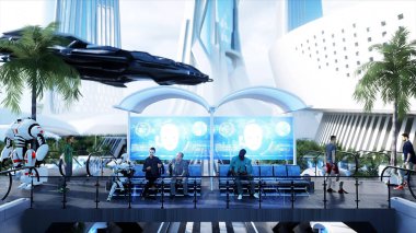 Bilim-Kurgu demiryolu gelecekteki istasyonu. Gelecek konsepti. Dinamit ağaçları. - Evet. Hava görüntüsü. 3d oluşturma