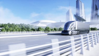 Otobanda 3D fütüristik elektrikli kamyon modeli. Geleceğin şehir geçmişi. Elektrikli otomobil. 3d oluşturma