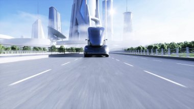 Otobanda 3D fütüristik elektrikli kamyon modeli. Geleceğin şehir geçmişi. Elektrikli otomobil. 3d oluşturma