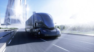 Otobanda 3D fütüristik elektrikli kamyon modeli. Geleceğin şehir geçmişi. Elektrikli otomobil. 3d oluşturma