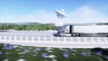 Otobanda 3D fütüristik elektrikli kamyon modeli. Geleceğin şehir geçmişi. Elektrikli otomobil. 3d oluşturma