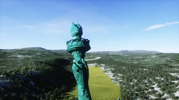 Estatua de la libertad en el campo de hierba. Vista aérea. Concepto postapocalíptico. renderizado 3d . — Foto de Stock
