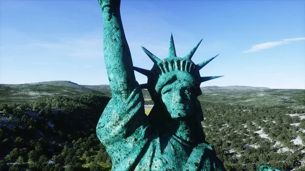 Μόνος άγαλμα της ελευθερίας στο γρασίδι. Αεροφωτογραφία. Αποκαλυπτική έννοια. 3d απόδοση. — Φωτογραφία Αρχείου