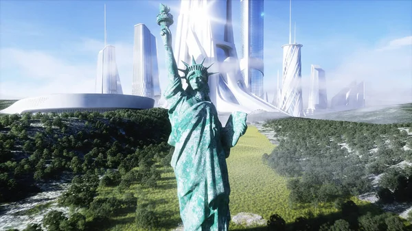 Ciudad futurista y estatua de la libertad. Concepto futuro. Vista aérea. renderizado 3d . — Foto de Stock