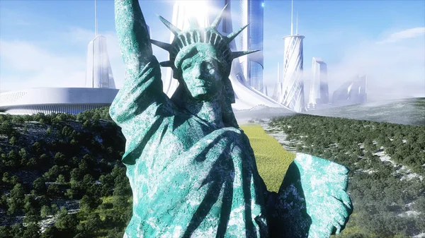 Ville futuriste et statue de la liberté. Concept futur. Vue aérienne. Rendu 3d . — Photo