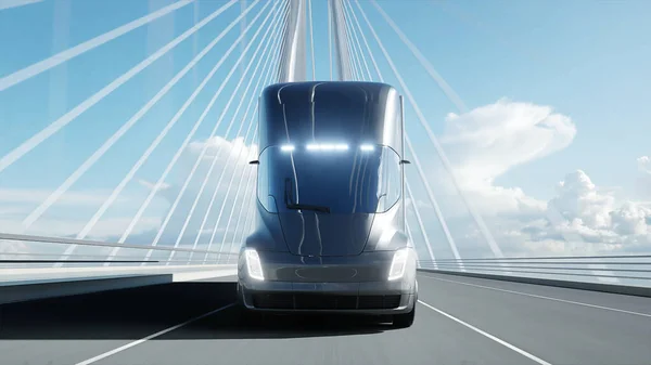 3d model of futuristic electric truck on the bridge. Electric automobile. 3d rendering.
