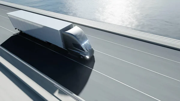 Köprüde gelecekteki elektrikli kamyonun 3D modeli. Elektrikli otomobil. 3d oluşturma. — Stok fotoğraf