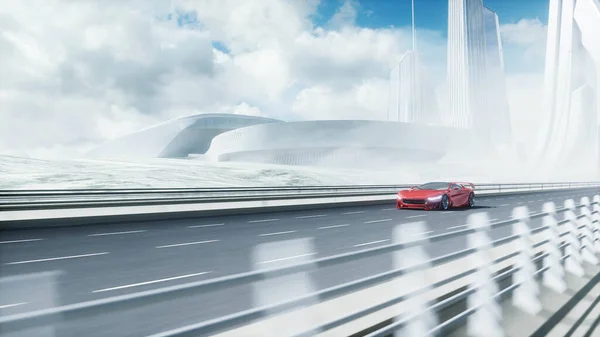 3D-modell av futuristisk röd elbil på motorvägen. Mycket snabb körning. Framtida koncept. 3d-konvertering. — Stockfoto
