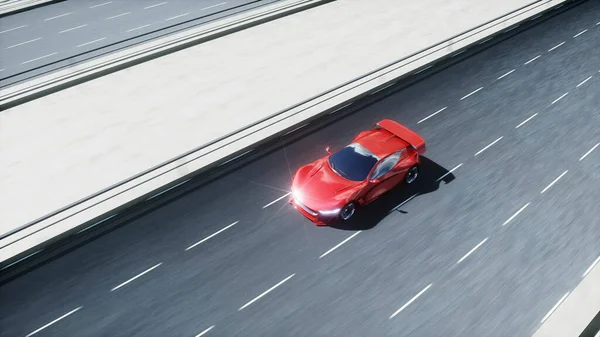3D-Modell eines futuristischen roten Elektroautos auf der Autobahn. Sehr schnelles Fahren. Zukunftskonzept. 3D-Darstellung. — Stockfoto