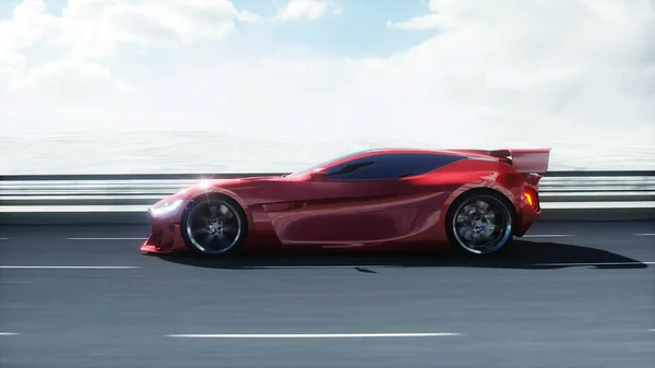 Modèle 3D de voiture électrique rouge futuriste sur l'autoroute. Conduite très rapide. Concept futur. Rendu 3d . — Photo