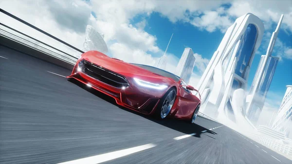 Otobanda 3D fütürist kırmızı elektrikli araba modeli. Çok hızlı sürüyorsun. Gelecek konsepti. 3d oluşturma. — Stok fotoğraf