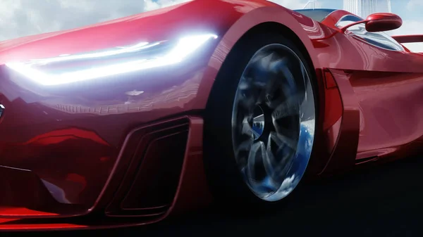 3d model van futuristische rode elektrische auto op de snelweg. Heel snel rijden. Toekomstconcept. 3d destructie. — Stockfoto