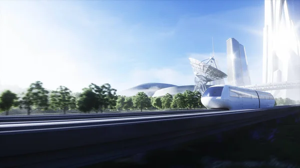 Futurisztikus sci-fi egysínű vonat. A jövő fogalma. Futurisztikus városi háttér. Fűmező. 3D-s renderelés. — Stock Fotó