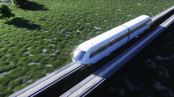 未来のSFモノレール列車。未来の概念。未来都市の背景。草の野だ。3Dレンダリング. — ストック写真