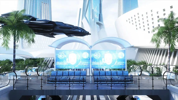 Estación futurista ferroviaria de ciencia ficción. Concepto futuro. Vista aérea. renderizado 3d — Foto de Stock