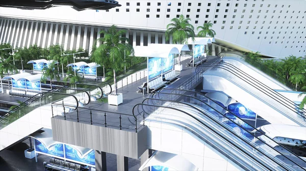 Estación futurista ferroviaria de ciencia ficción. Concepto futuro. Vista aérea. renderizado 3d — Foto de Stock