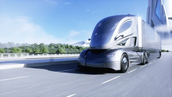 3d model of futuristic electric truck on highway. Future city background. Electric automobile. 3d rendering