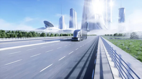 Modelo 3d de camión eléctrico futurista en la carretera. Fondo futuro de la ciudad. Automóvil eléctrico. renderizado 3d — Foto de Stock