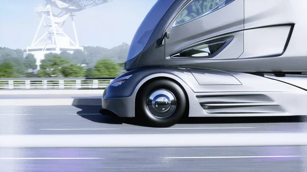 Modello 3d di camion elettrico futuristico in autostrada. Sfondo futuro della città. Automobile elettrica. rendering 3d — Foto Stock