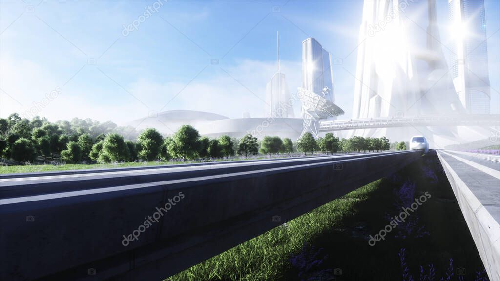 futuristic sci fi monorail train. Concept of future. Futuristic city background. Grass field. 3d rendering.