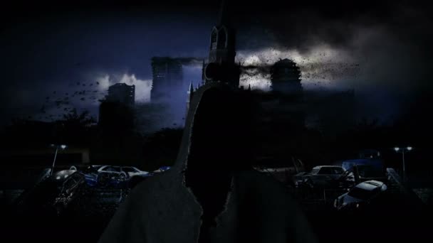 Apokalypse Moskau Stadt mit Gespenstern im Nebel. zerstörte Stadt. Apokalypse-Konzept. realistische 4k-Animation. — Stockvideo