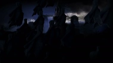 Sis içindeki hayaletlerle Moskova 'nın kıyameti. yok edilmiş şehir. Kıyamet konsepti. gerçekçi 4k animasyonu.