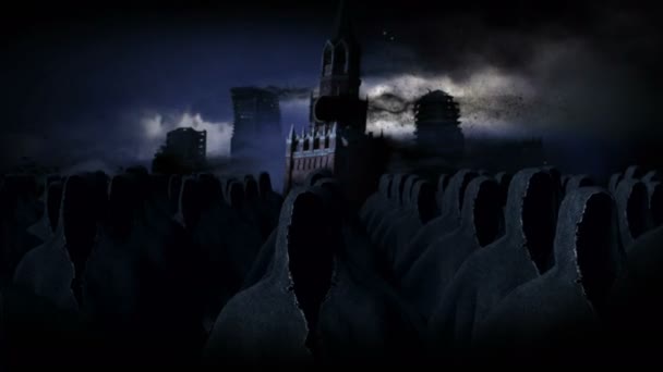 Apocalypse Moscou ville avec des fantômes dans le brouillard. ville détruite. Concept d'apocalypse. animation 4k réaliste. — Video