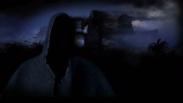 Ciudad del Apocalipsis con fantasmas. Vista de la ciudad destruida. Concepto de Apocalipsis. animación realista 4k . — Vídeos de Stock