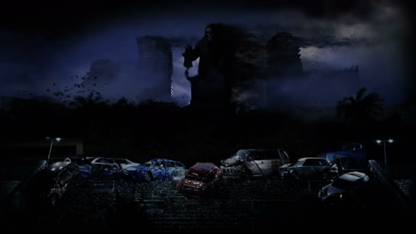 Apocalypse City dalam kabut. Pemandangan udara dari kota yang hancur. Konsep kiamat. animasi 4k realistis. — Stok Video