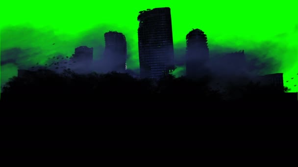 Ciudad del Apocalipsis en la niebla. Vista aérea de la ciudad destruida. Concepto de Apocalipsis. animación 4k realista pantalla verde . — Vídeo de stock