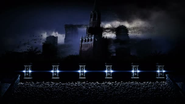 Apokalypse Moskau Stadt im Nebel. Luftaufnahme der zerstörten Stadt. Apokalypse-Konzept. realistische 4k-Animation. — Stockvideo