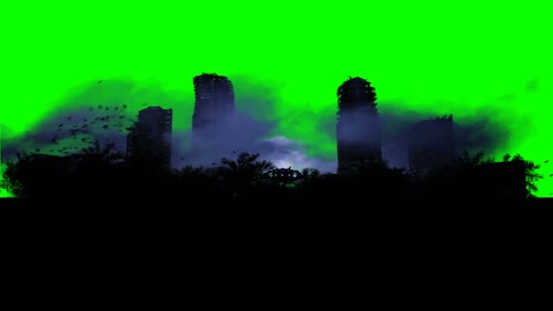 Město apokalypsy v mlze. Letecký pohled na zničené město. Koncept apokalypsy. realistická animace 4k. — Stock video