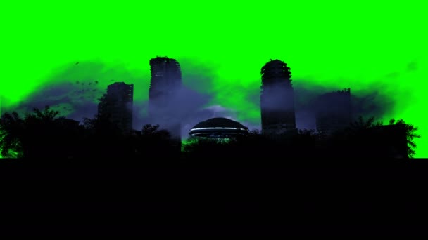 启示录之城在雾中。被毁城市的空中景观。启示录的概念。现实的4k动画. — 图库视频影像