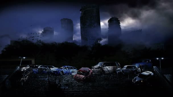Apocalypse ville dans le brouillard. Vue aérienne de la ville détruite. Concept d'apocalypse. animation 4k réaliste.