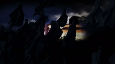 Kıyamette sis içinde kocaman korkunç bir balkabağı. Yok edilen şehrin havadan görüntüsü. Cadılar Bayramı konsepti gerçekçi 4k animasyonu.