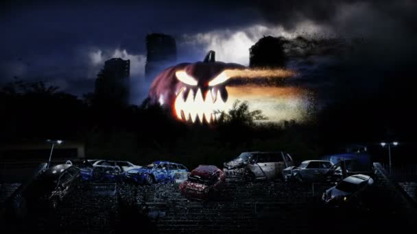 Grande citrouille effrayante dans la ville de l'apocalypse dans le brouillard. Vue aérienne de la ville détruite. Concept d'Halloween. animation 4k réaliste.