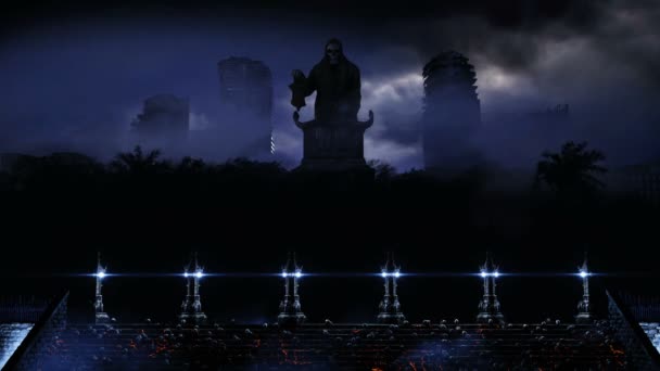 Город Апокалипсиса в тумане. Вид с воздуха на разрушенный город. Концепция Апокалипсиса. реалистичная анимация 4k . — стоковое видео