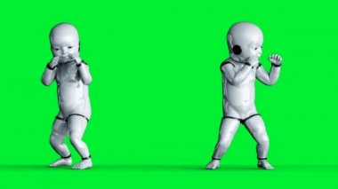 Bebek robot animasyonu. Tuhaf, hareketli, bulanık. Gerçekçi 4k yeşil ekran animasyonu.