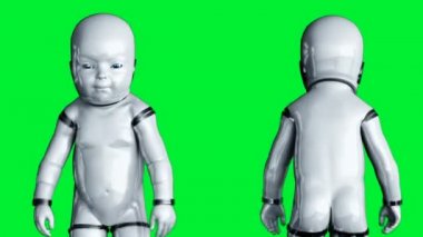 Bebek robot animasyonu. Tuhaf, hareketli, bulanık. Gerçekçi 4k yeşil ekran animasyonu.