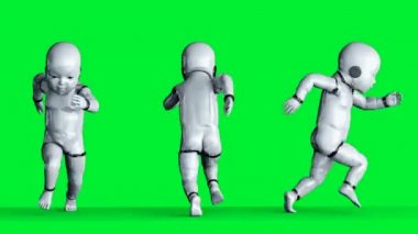Bebek robot animasyonu. Tuhaf, hareketli, bulanık. Gerçekçi 4k yeşil ekran animasyonu.