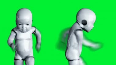 Bebek robot animasyonu. Tuhaf, hareketli, bulanık. Gerçekçi 4k yeşil ekran animasyonu.