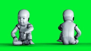 Bebek robot animasyonu. Tuhaf, hareketli, bulanık. Gerçekçi 4k yeşil ekran animasyonu.