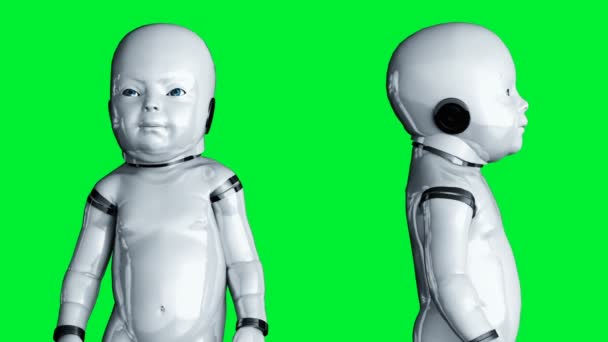Baby robot animasjon. Phisisk, bevegelse, tåke. Realistisk 4k grønn skjermanimasjon. – stockvideo