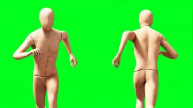 Aptal, manken animasyonu. Garip, hareket bulanıklığı. Gerçekçi 4K animasyonu. Yeşil Ekran