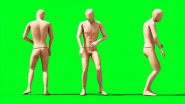 Aptal, manken animasyonu. Garip, hareket bulanıklığı. Gerçekçi 4K animasyonu. Yeşil Ekran